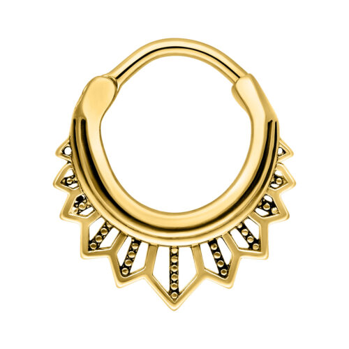 Goldener Septum Clicker mit Tigerlilien-Design auf weißem Hintergrund
