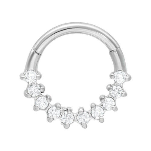 Silberfarbener Septum Clicker aus Chirurgenstahl mit Kristallen, auf weißem Hintergrund