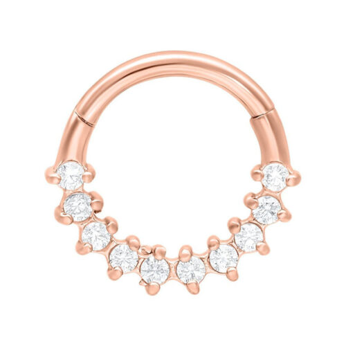 Eleganter Septum Clicker in Roségold mit klaren Kristallen auf weißem Hintergrund