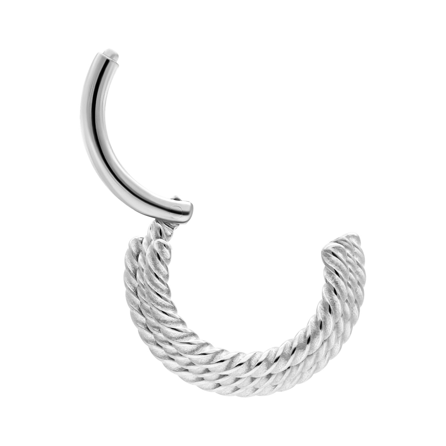 Silberner Septum Clicker mit gedrehten Seilen Silberner Septum Clicker mit drei gedrehten Seilen auf weißem Hintergrund