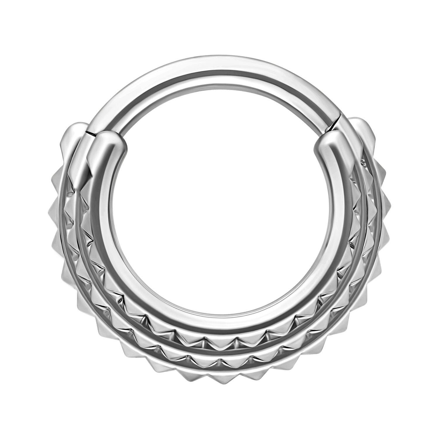 Silberner Triple Spike Septum Clicker Silberner Septum Clicker mit dreifachem Spike-Design auf weißem Hintergrund