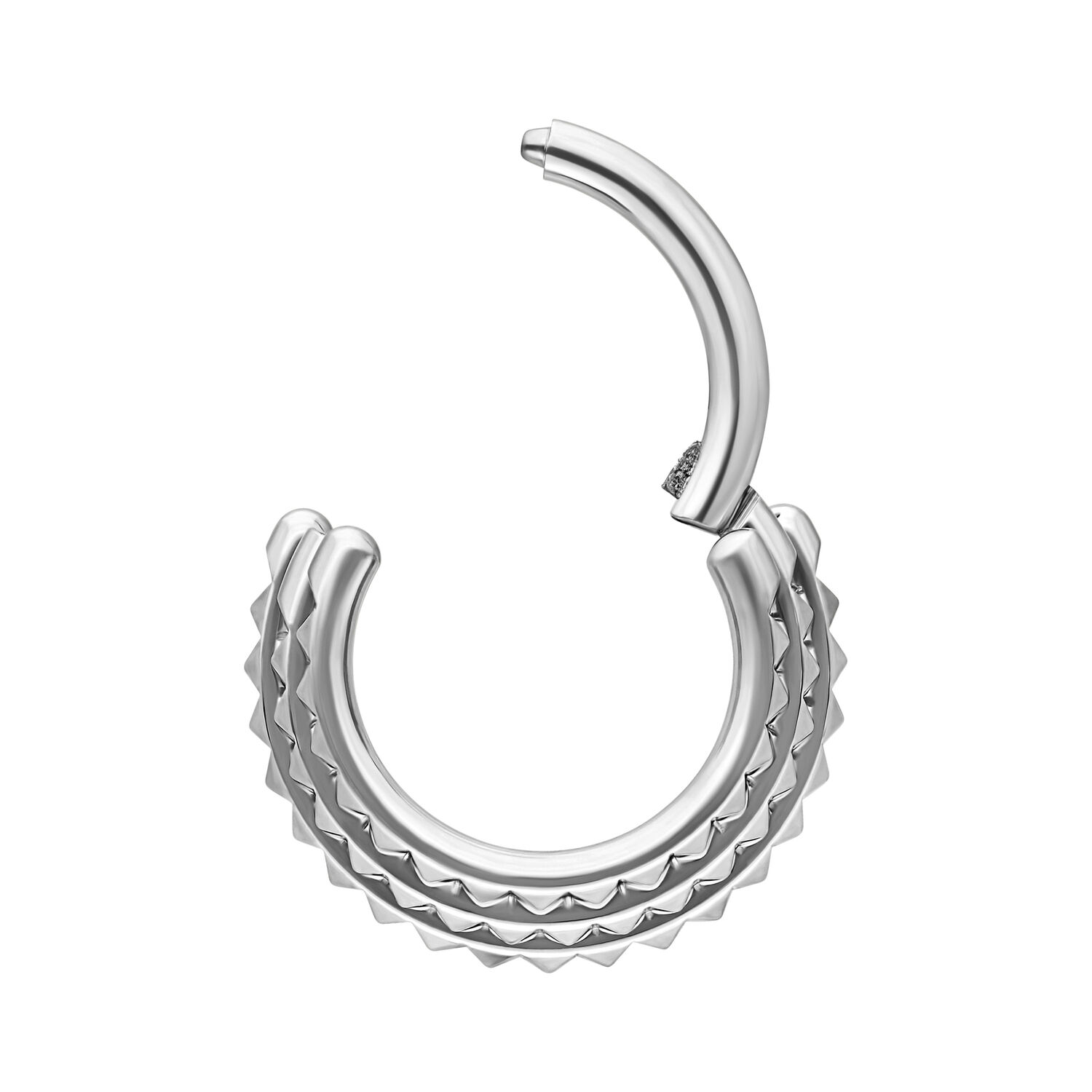 Silberner Triple Spike Septum Clicker Silberner Triple Spike Septum Clicker auf weißem Hintergrund