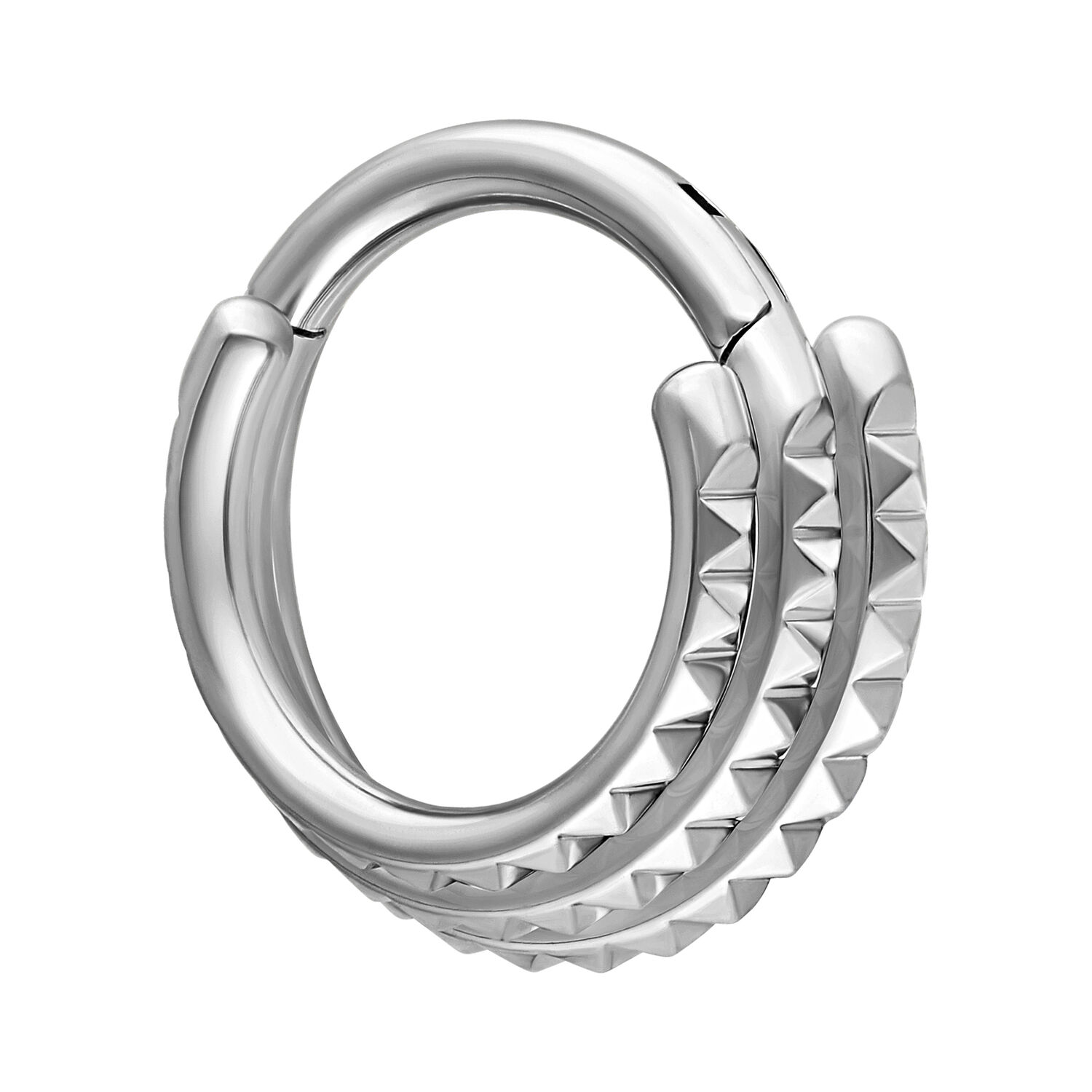 Silberner Triple Spike Septum Clicker Hinged Septum Clicker in Silber mit dreifachem Spike-Design auf weißem Hintergrund