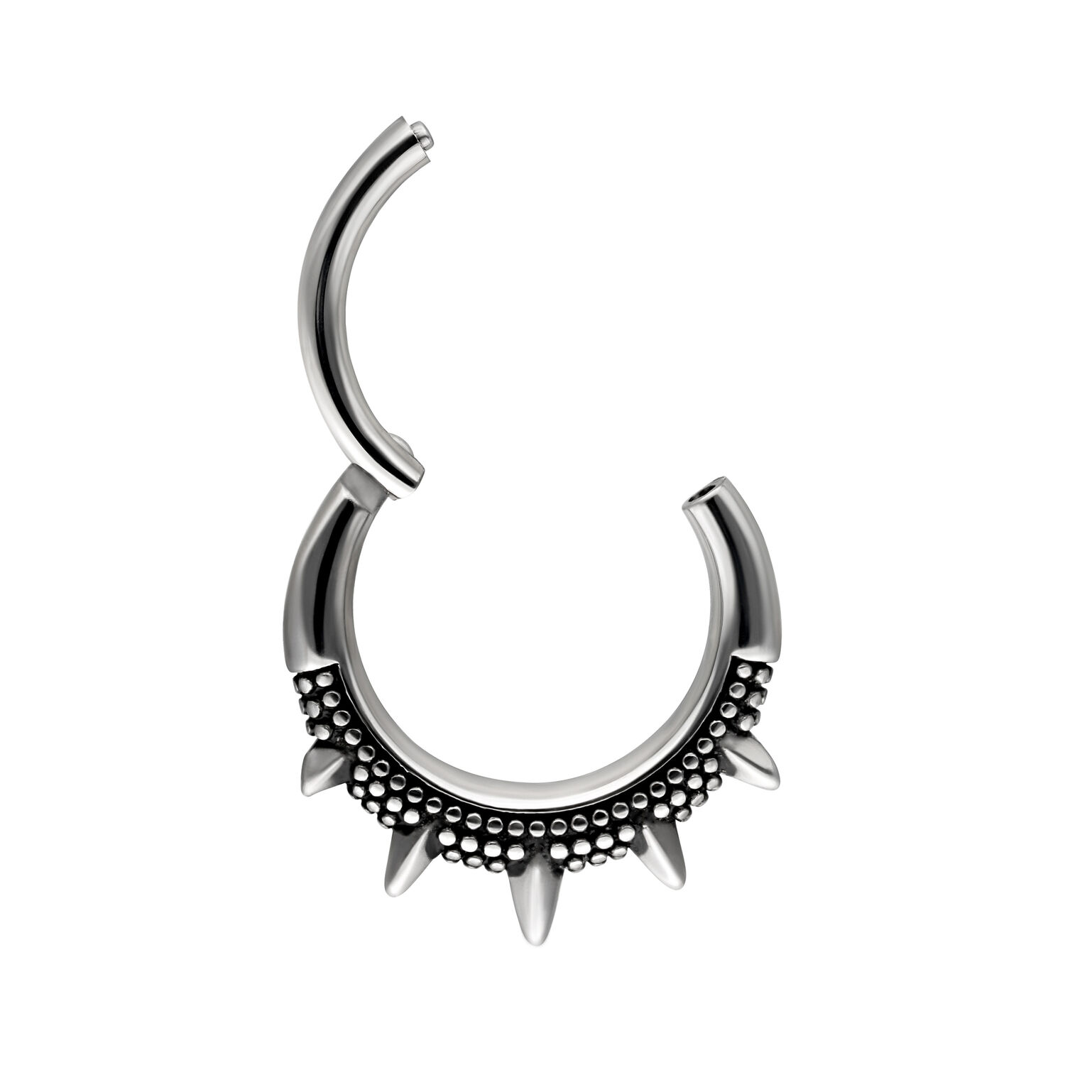 Silberner Piercingring mit Spikes auf weißem Hintergrund