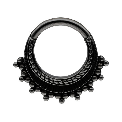 Schwarzer Piercingring aus Chirurgenstahl mit dekorativen Kugeln auf weißem Hintergrund