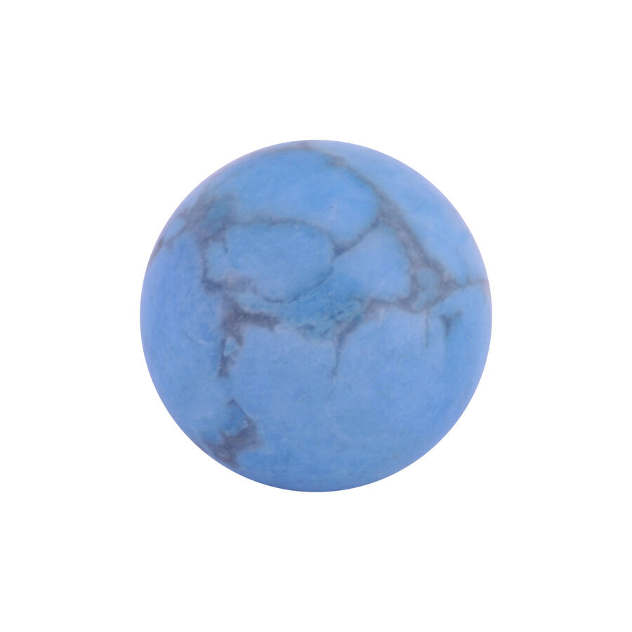 Runder blauer Halbedelstein mit grauen Adern auf weißem Hintergrund