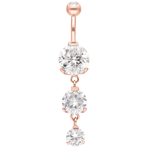 Bauchnabelpiercing aus Roségold mit drei klaren Kristallen vor weißem Hintergrund