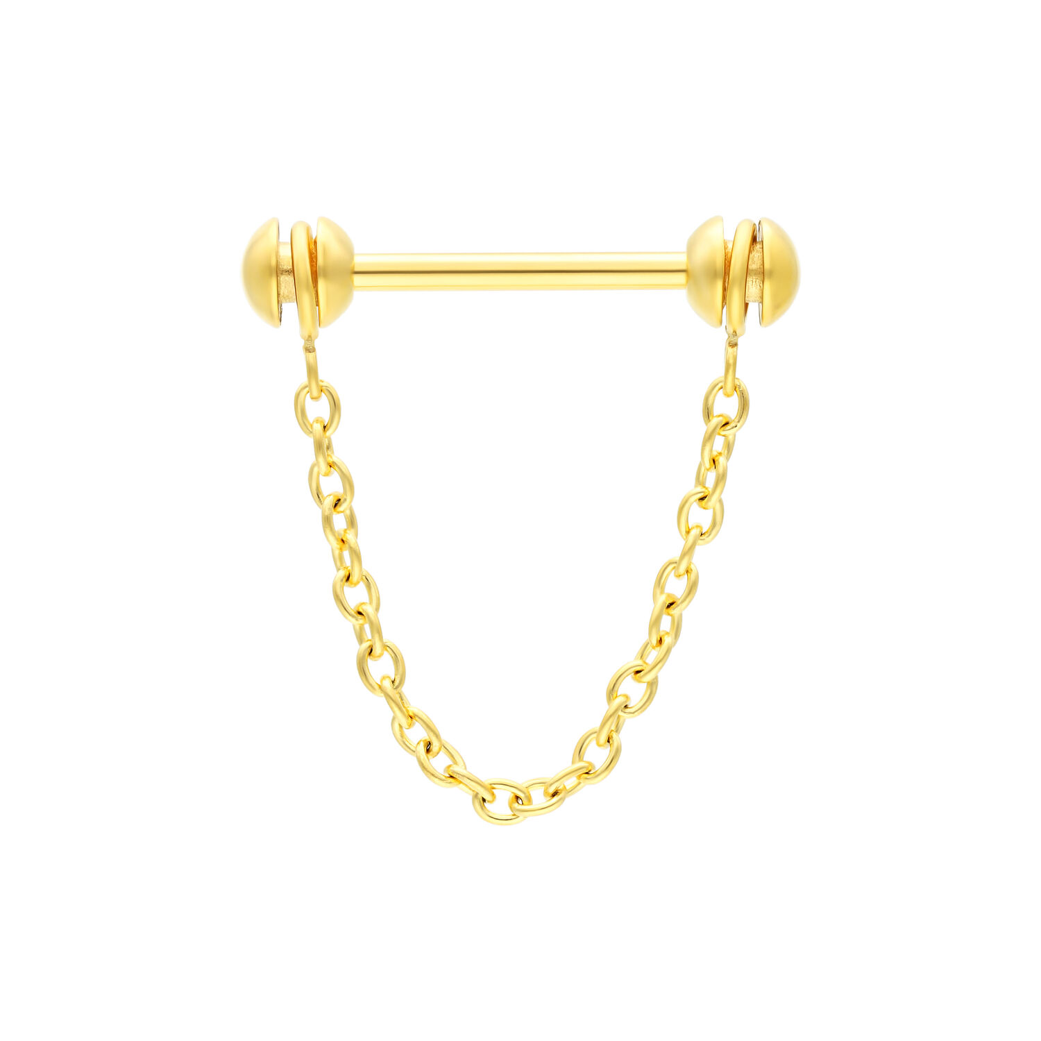 Goldene Nippelkette aus Chirurgenstahl Goldene Nippelkette mit drehbaren Kugeln auf weißem Hintergrund
