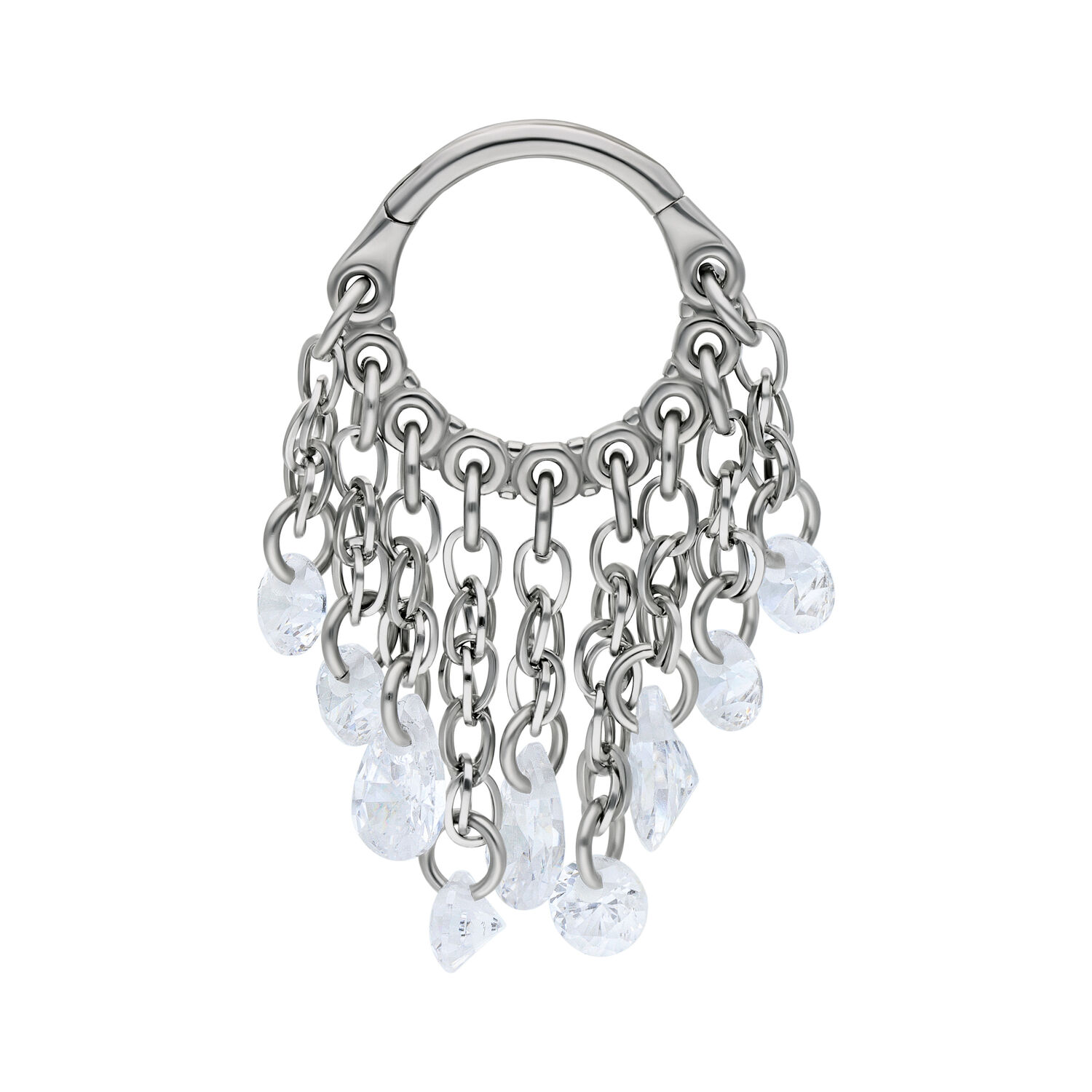 Silberner Titan Clicker mit Kristalltropfen Silberner Piercing-Ring mit hängenden, klaren Kristallen auf weißem Hintergrund