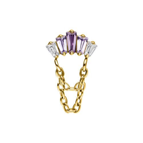 Goldener Metallaufsatz mit lavendelfarbenen Kristallen auf weißem Hintergrund