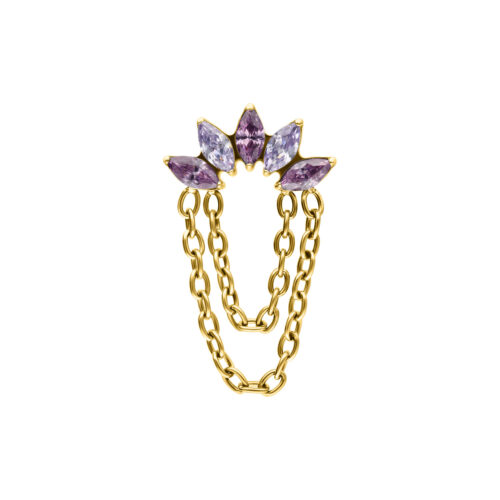 Goldener Push Fit Aufsatz mit lavendelfarbenen Kristallen auf weißem Hintergrund