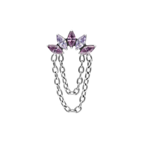 Silberfarbener Push Fit Aufsatz mit lavendelfarbenen Kristallen und Kette auf weißem Hintergrund