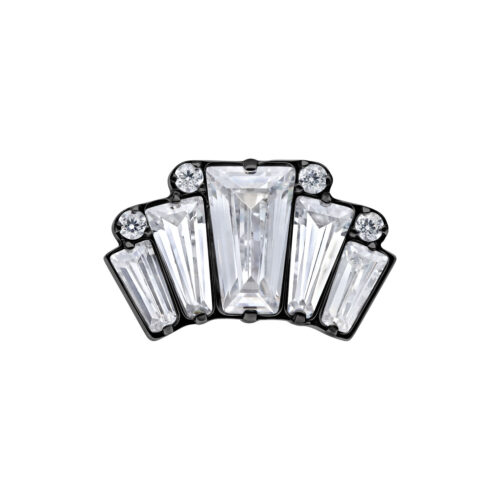 Schwarzer Push Fit Aufsatz mit fünf klaren quadratischen Kristallen auf weißem Hintergrund