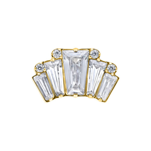 Goldener Push Fit Aufsatz mit fünf klaren Kristallen auf weißem Hintergrund