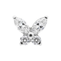 Schmetterlingsförmiger Push Fit Aufsatz aus Titan, glitzernde Kristalle, silberner Hintergrund