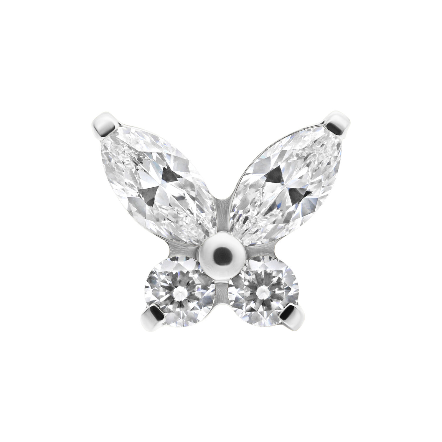 Schmetterlingsförmiger Push Fit Aufsatz aus Titan, glitzernde Kristalle, silberner Hintergrund
