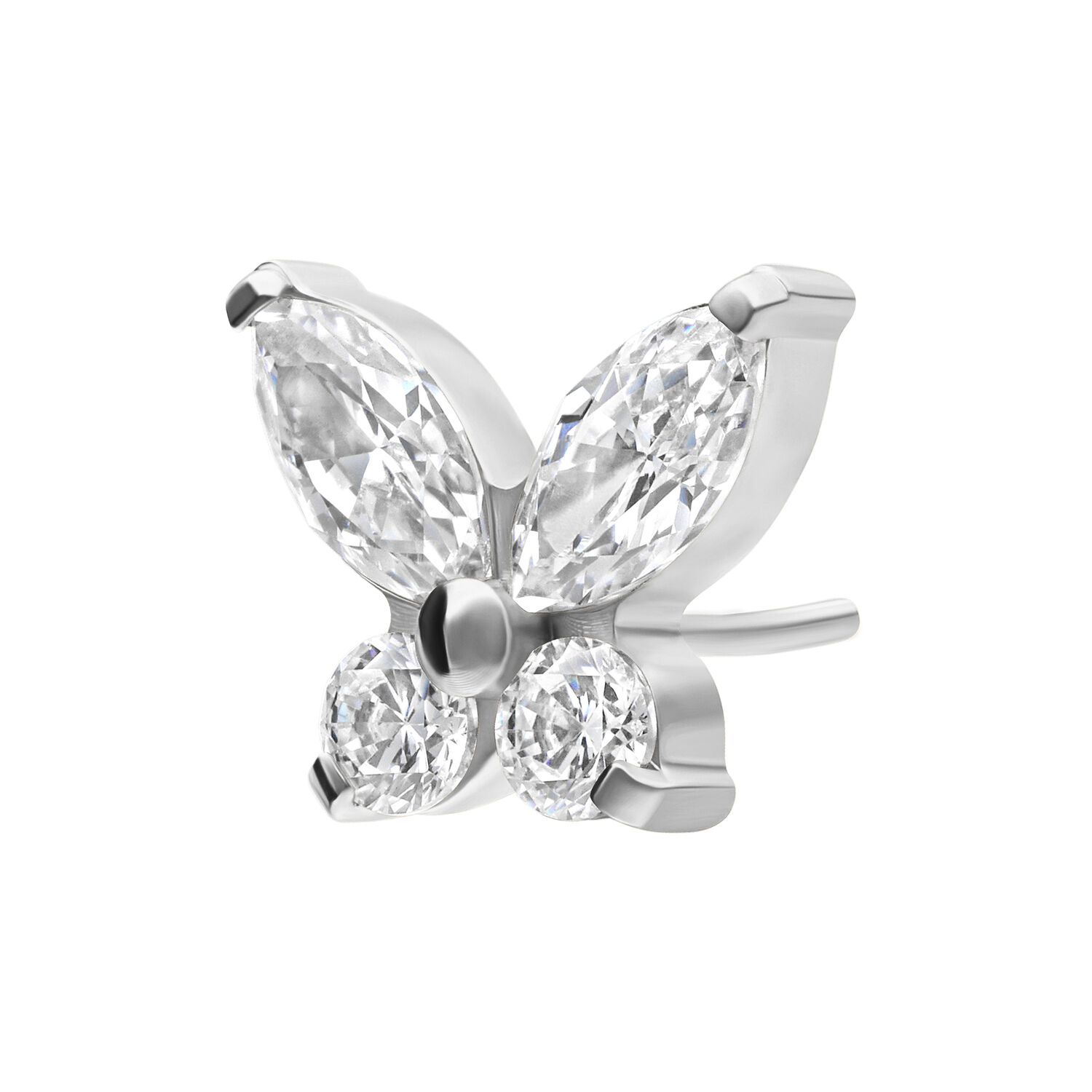 Glänzender Schmetterlingsaufsatz aus silbernem Titan mit klaren Kristallen auf weißem Hintergrund