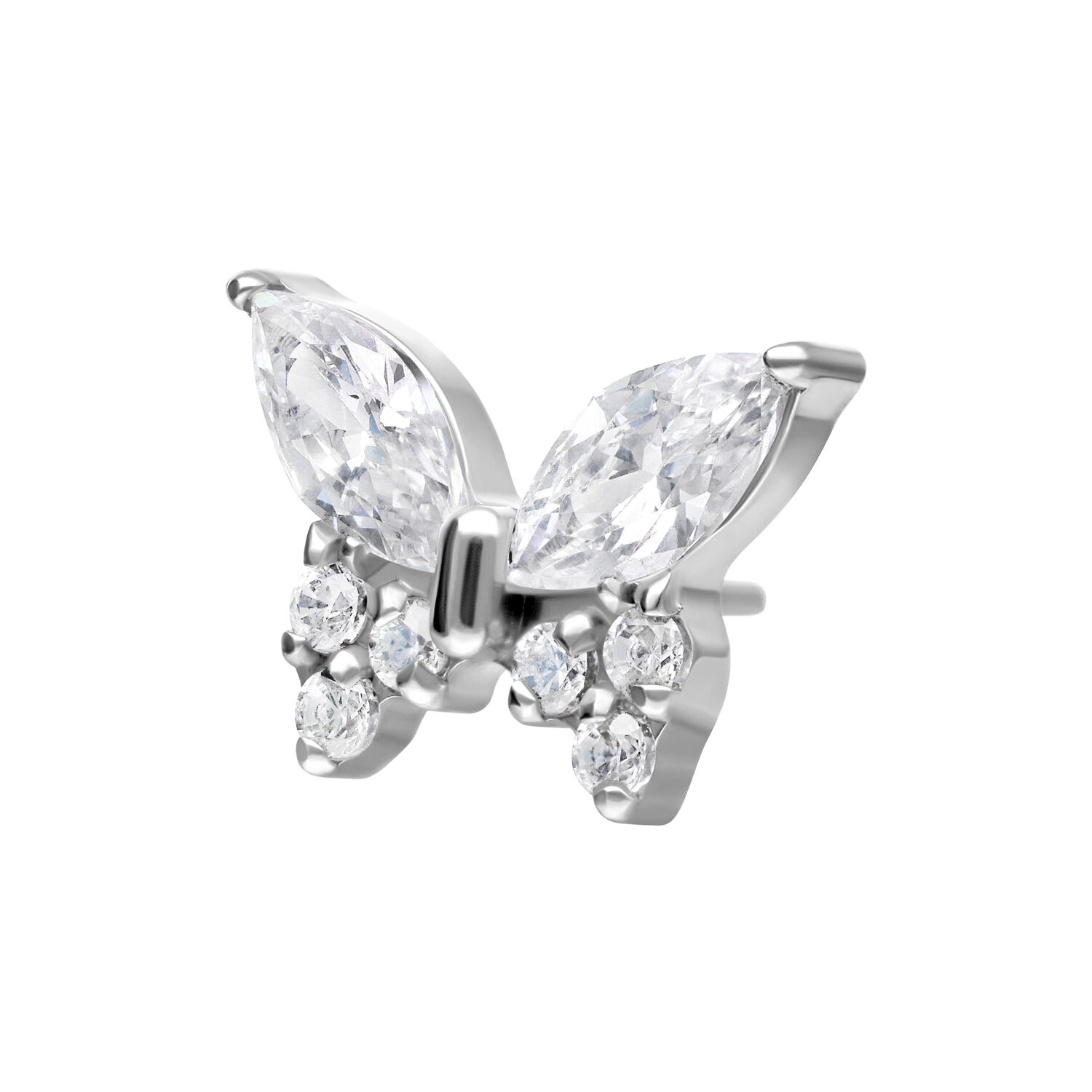 Silberner Schmetterlingsaufsatz mit klaren Kristallen auf weißem Hintergrund