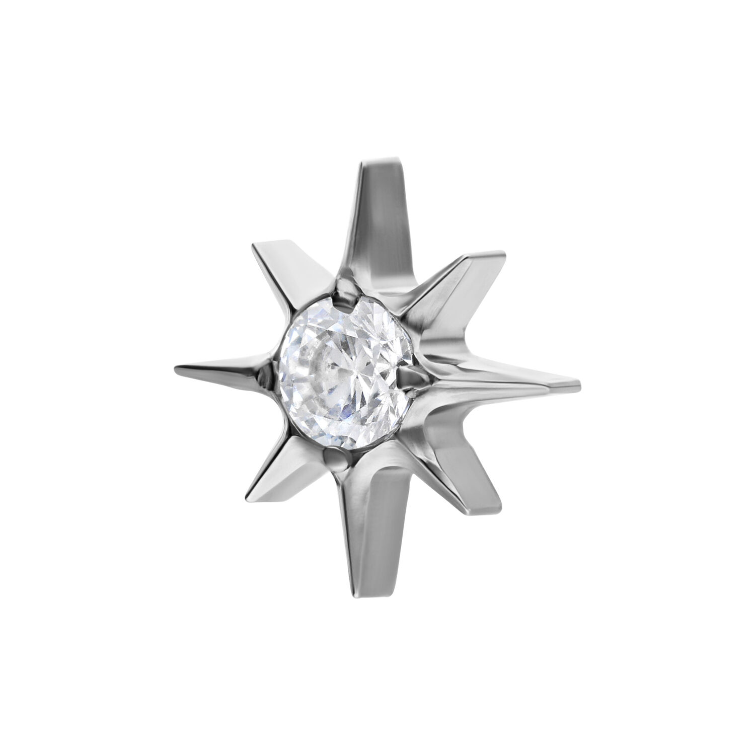 Kristall Stern Aufsatz aus Titan in Silber Silberner Titan Sternaufsatz mit klarem Kristall auf weißem Hintergrund