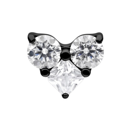 Schwarzer Metallaufsatz mit drei klaren Kristallen auf weißem Hintergrund