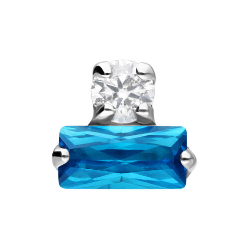 Silberner Push Fit Aufsatz mit lavendelfarbenem und türkisfarbenem Kristall auf weißem Hintergrund