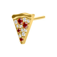 Goldener Pizzastück-Aufsatz mit roten und klaren Kristallen auf weißem Hintergrund