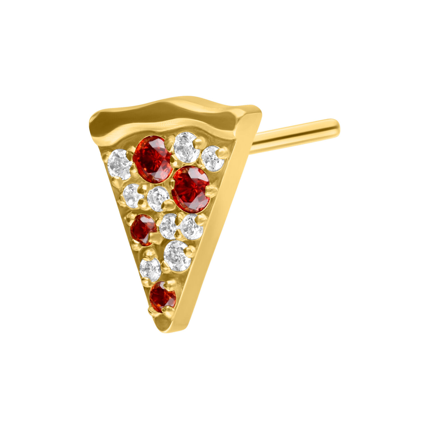 Goldener Pizzastück-Aufsatz mit roten und klaren Kristallen auf weißem Hintergrund