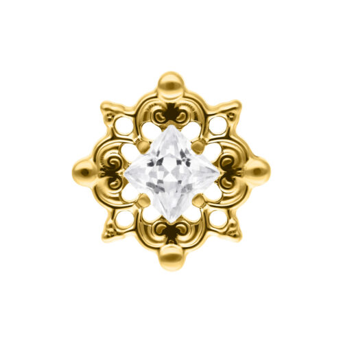 Goldener Push Fit Ornament Aufsatz aus Titan mit klarem Kristall