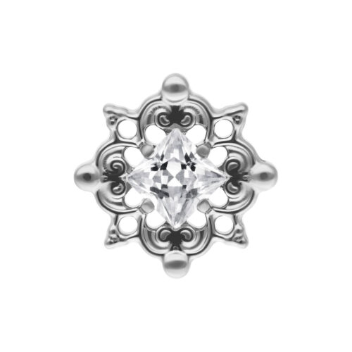 Silberner Push Fit Aufsatz mit klarem Kristall auf weißem Hintergrund