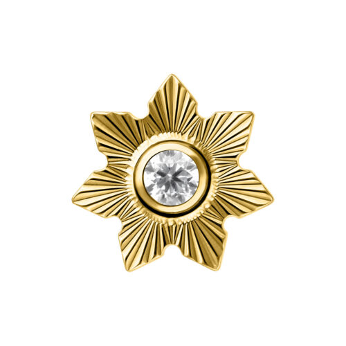 Goldener metallischer Aufsatz in Blumenform mit klarem Kristall im Zentrum auf weißem Hintergrund