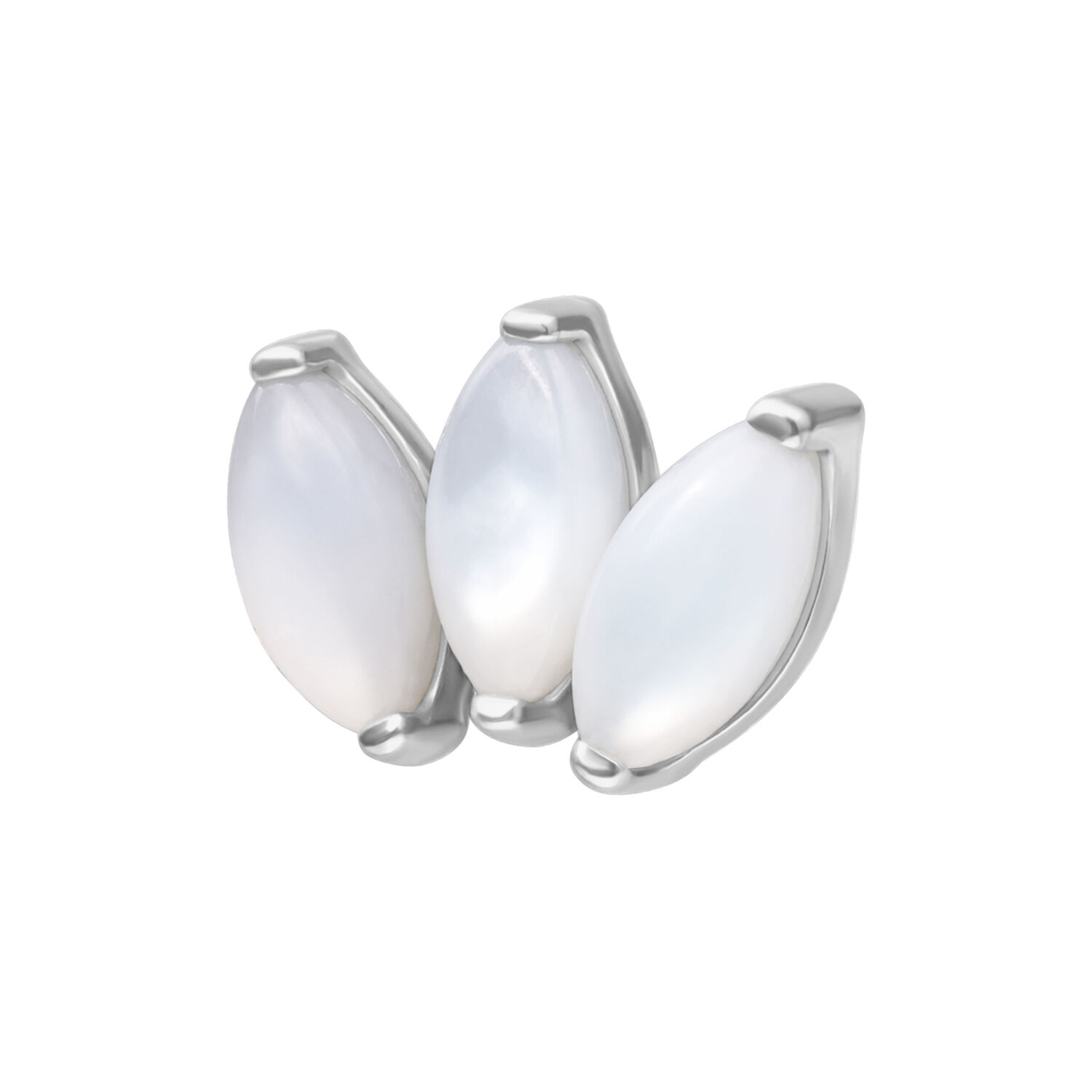 Silberner Lotus-Aufsatz mit drei schimmernden Mondstein-Einsätzen auf weißem Hintergrund
