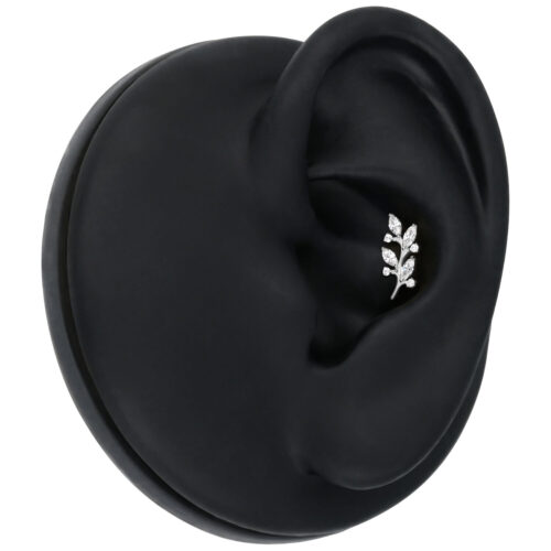 Silberner Kristallblätter Aufsatz im schwarzen Ohr auf neutralem Hintergrund