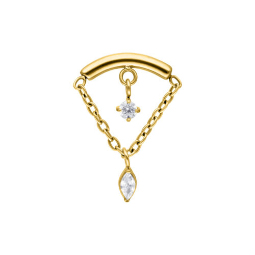 Goldener Helix Aufsatz mit zwei klaren Kristallen auf weißem Hintergrund