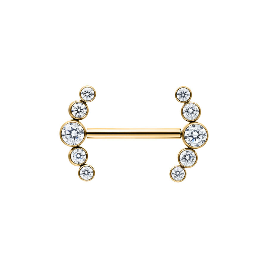 Goldener Barbell mit klaren Kristallen und einer Länge von 14mm auf weißem Hintergrund