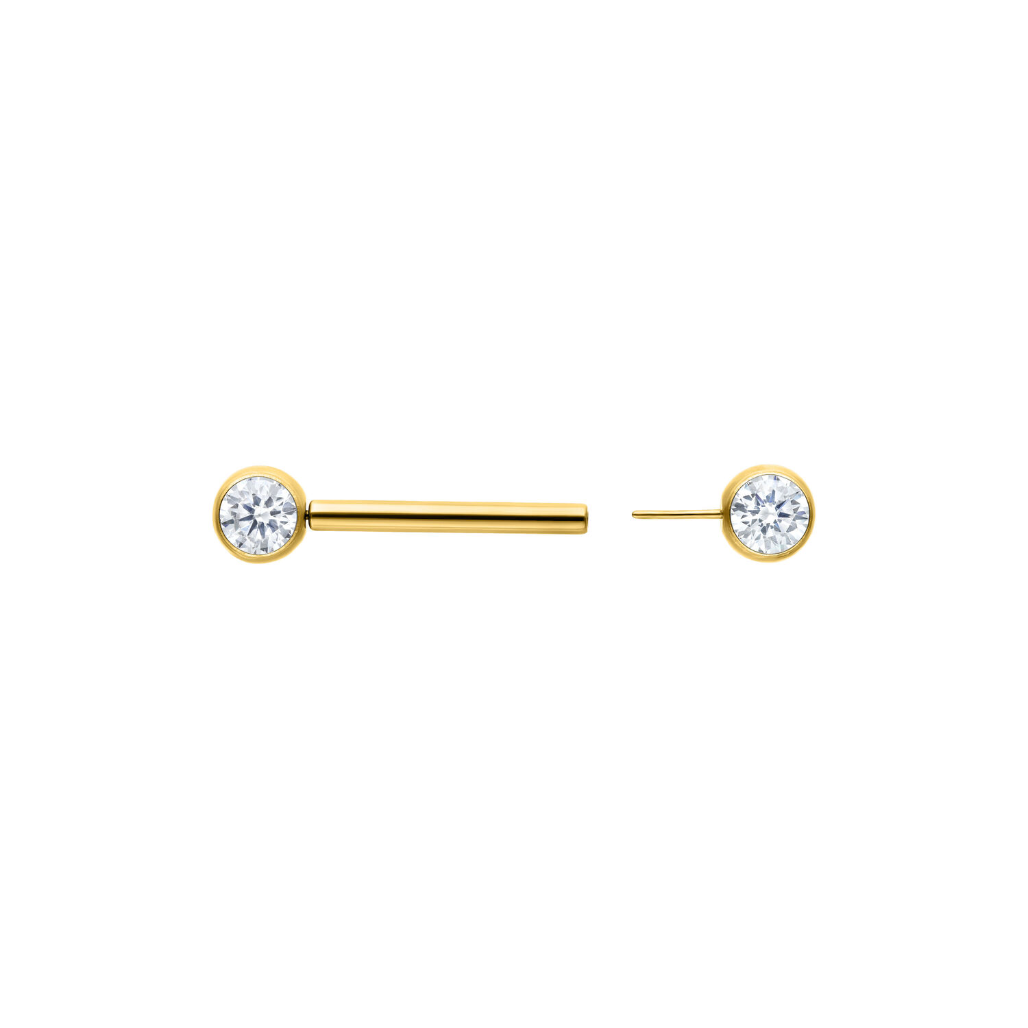 Goldenes Muse Barbell mit kristallklarem Kristall, 12mm Länge auf weißem Hintergrund
