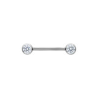 Silberfarbene Muse Barbell mit kristallklaren Steinen, 14mm Länge auf weißem Hintergrund