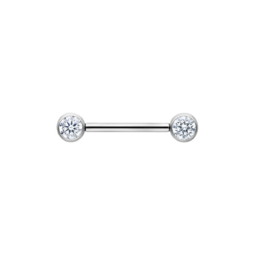 Silberfarbene Muse Barbell mit kristallklaren Steinen, 14mm Länge auf weißem Hintergrund