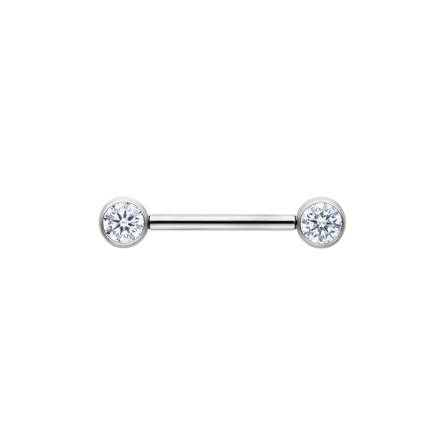 Silberfarbene Muse Barbell mit kristallklaren Steinen, 14mm Länge auf weißem Hintergrund
