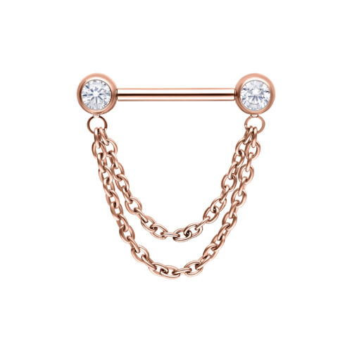 Roségoldener Barbell mit zwei Ketten und Kristallen auf weißem Hintergrund