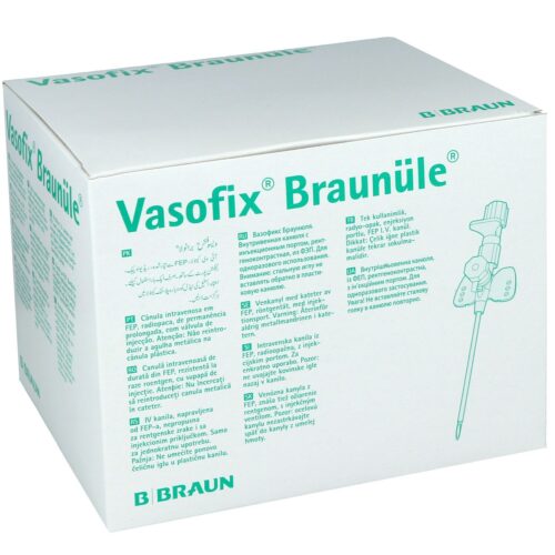 Weiße Box mit grüner Aufschrift 'Vasofix Braunüle' und B. Braun Logo