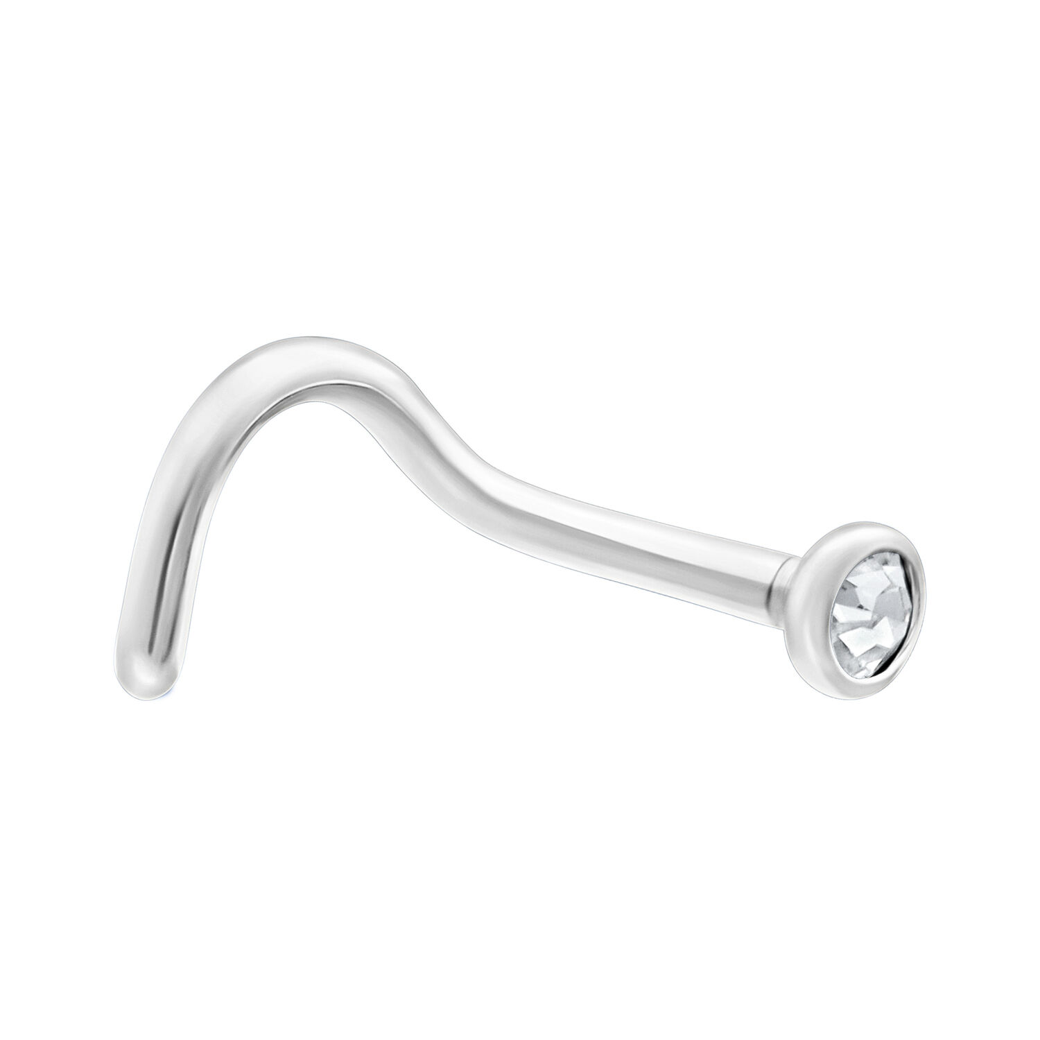 Weißgoldener Titan-Nasenstecker mit klarem Kristall vor weißem Hintergrund
