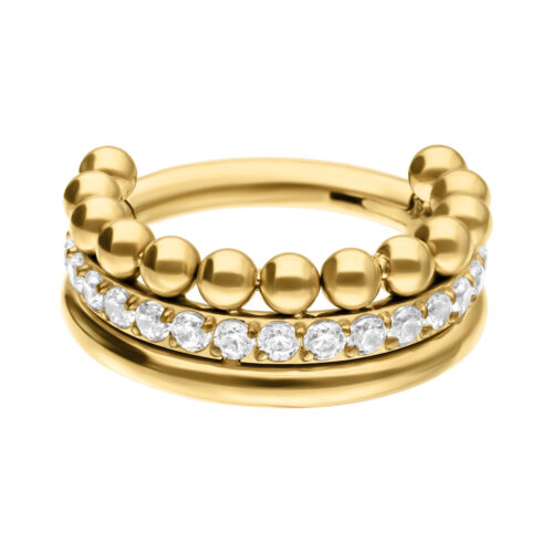 Goldener Piercing-Ring mit Kristallreihe und Kugeln auf weißem Hintergrund