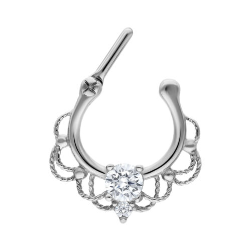 Silberner Septum Clicker mit klarem Kristall auf weißem Hintergrund