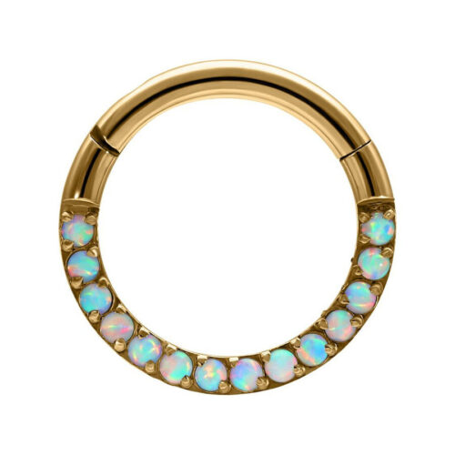 Goldener Clicker mit weißen Opalen auf weißem Hintergrund