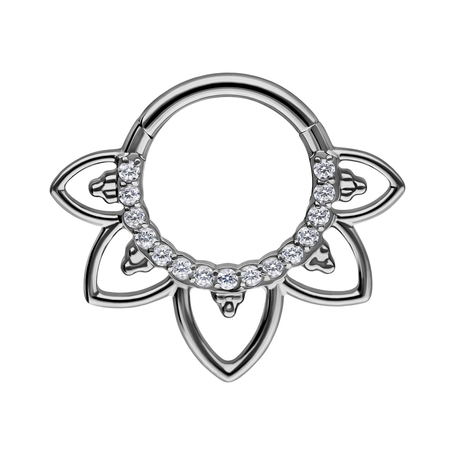 Oriental Septum Clicker aus Titan mit Kristallen Septum Clicker aus schwarzem Titan mit klaren Kristallen auf weißem Hintergrund