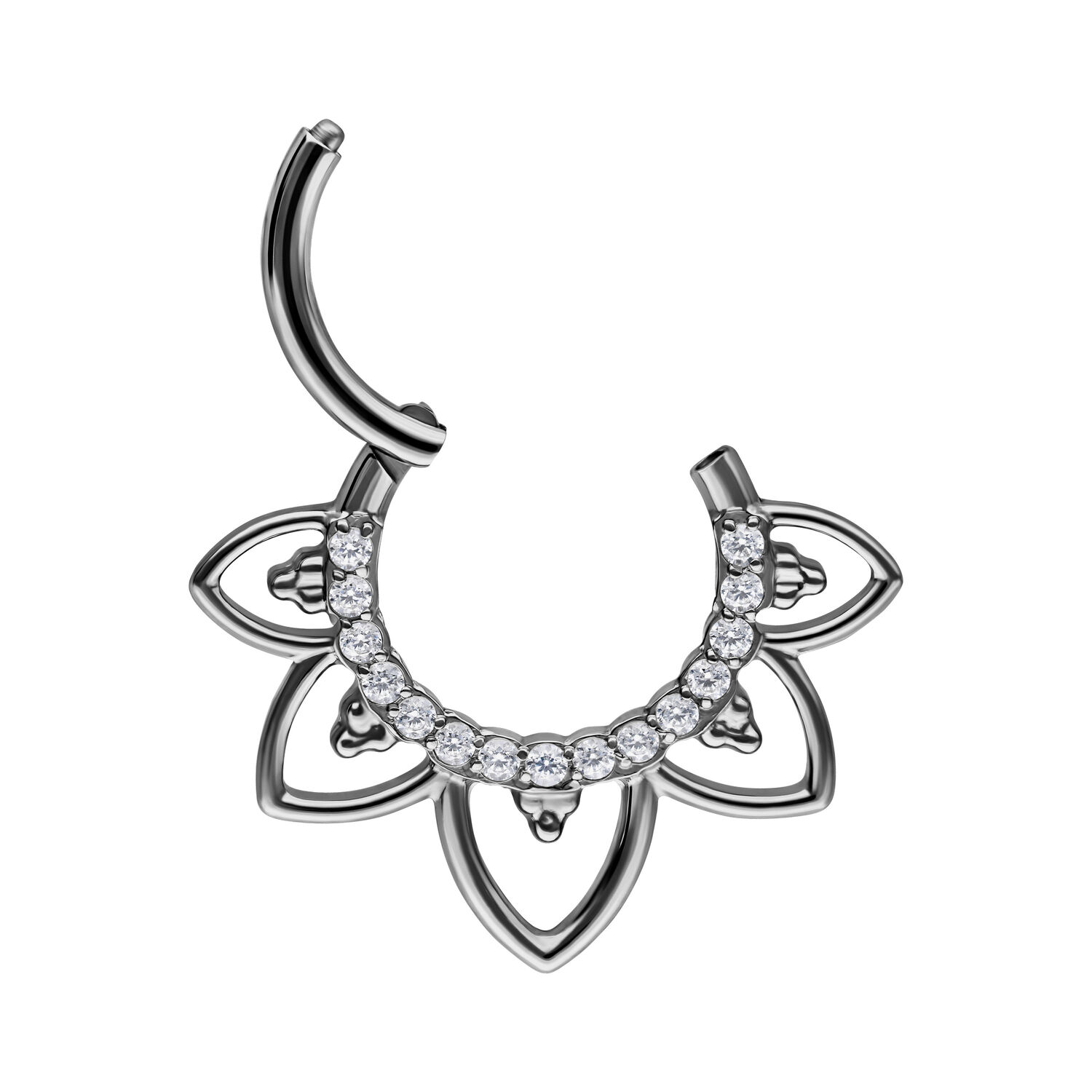 Oriental Septum Clicker mit Kristallen Silberner Septum Clicker mit klaren Kristallen auf weißem Hintergrund