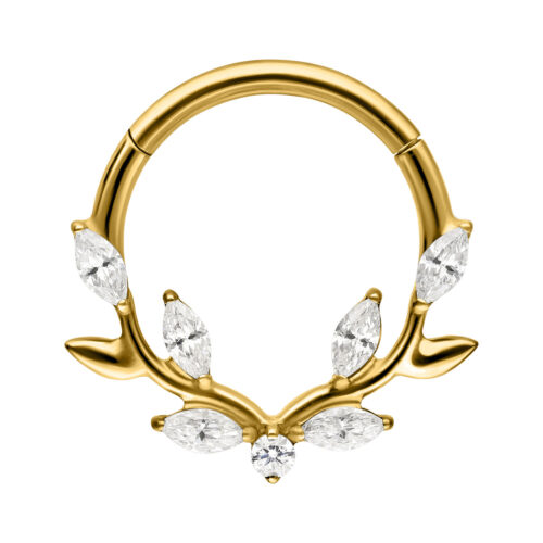 Goldener Septum Clicker mit Kristallblättern auf weißem Hintergrund