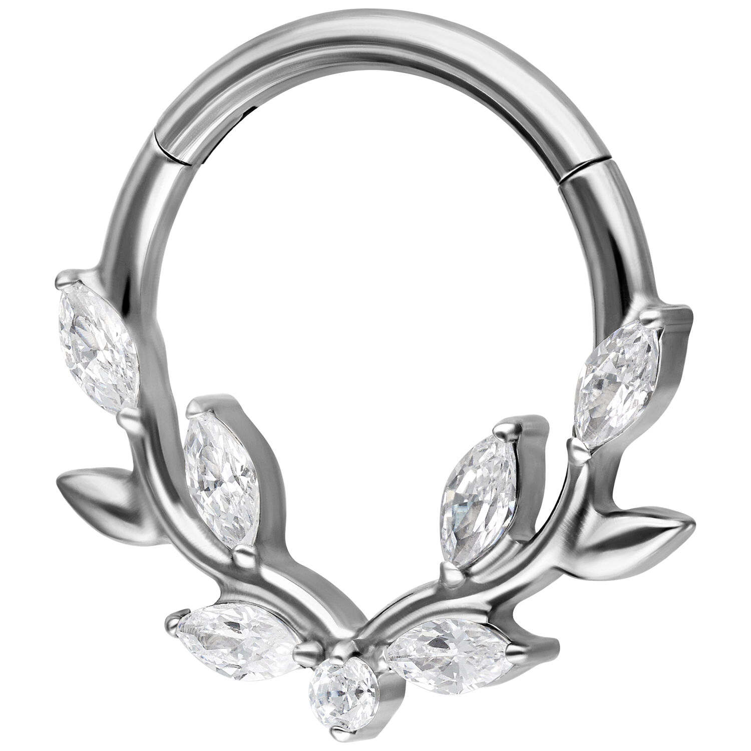 Silberner Septum Clicker aus Titan mit funkelnden Kristallblättern auf weißem Hintergrund