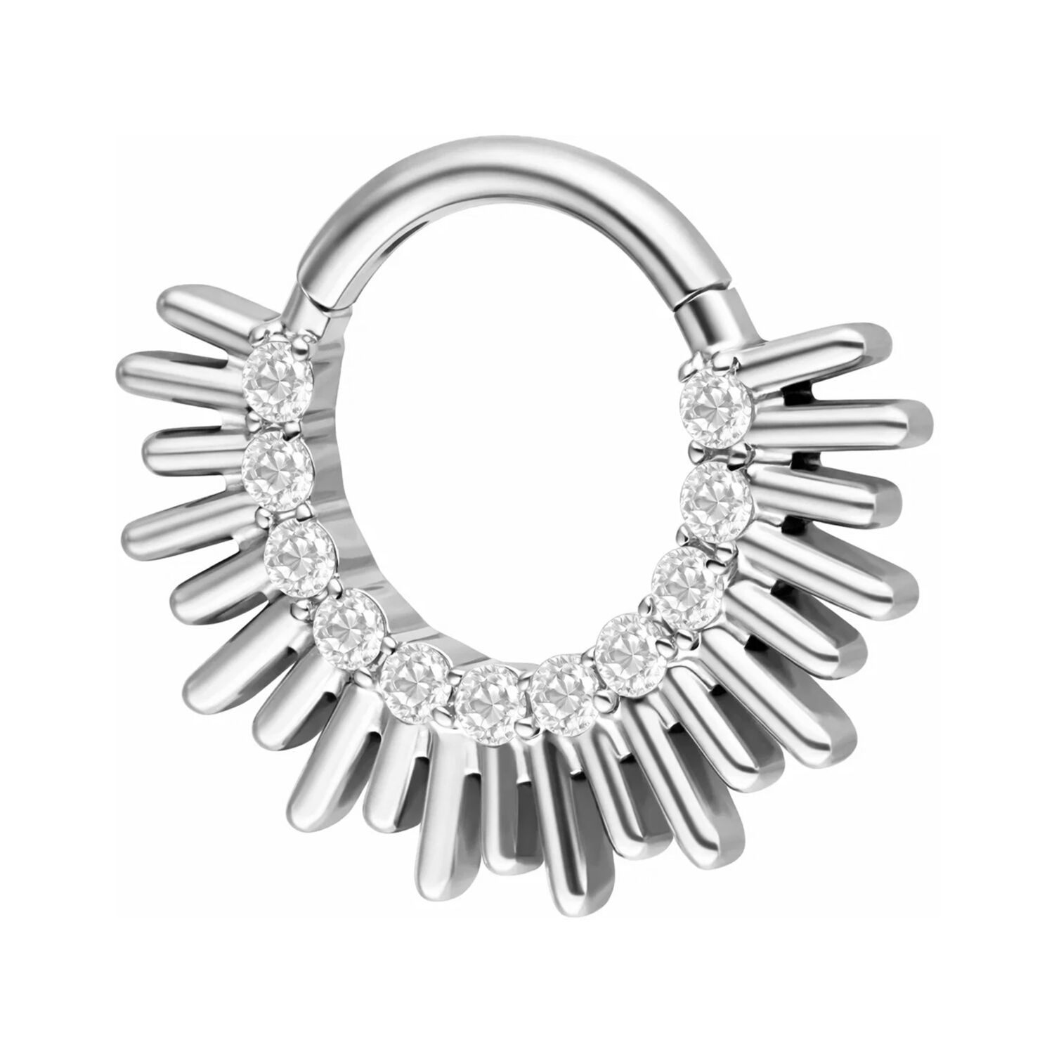 Silberner Septum Clicker aus Titan mit funkelnden Zirkonia auf weißem Hintergrund
