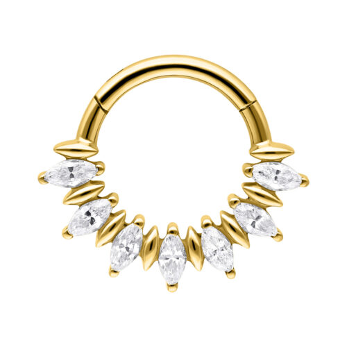 Goldener Septum Clicker mit funkelnden Marquise-Steinen auf weißem Hintergrund